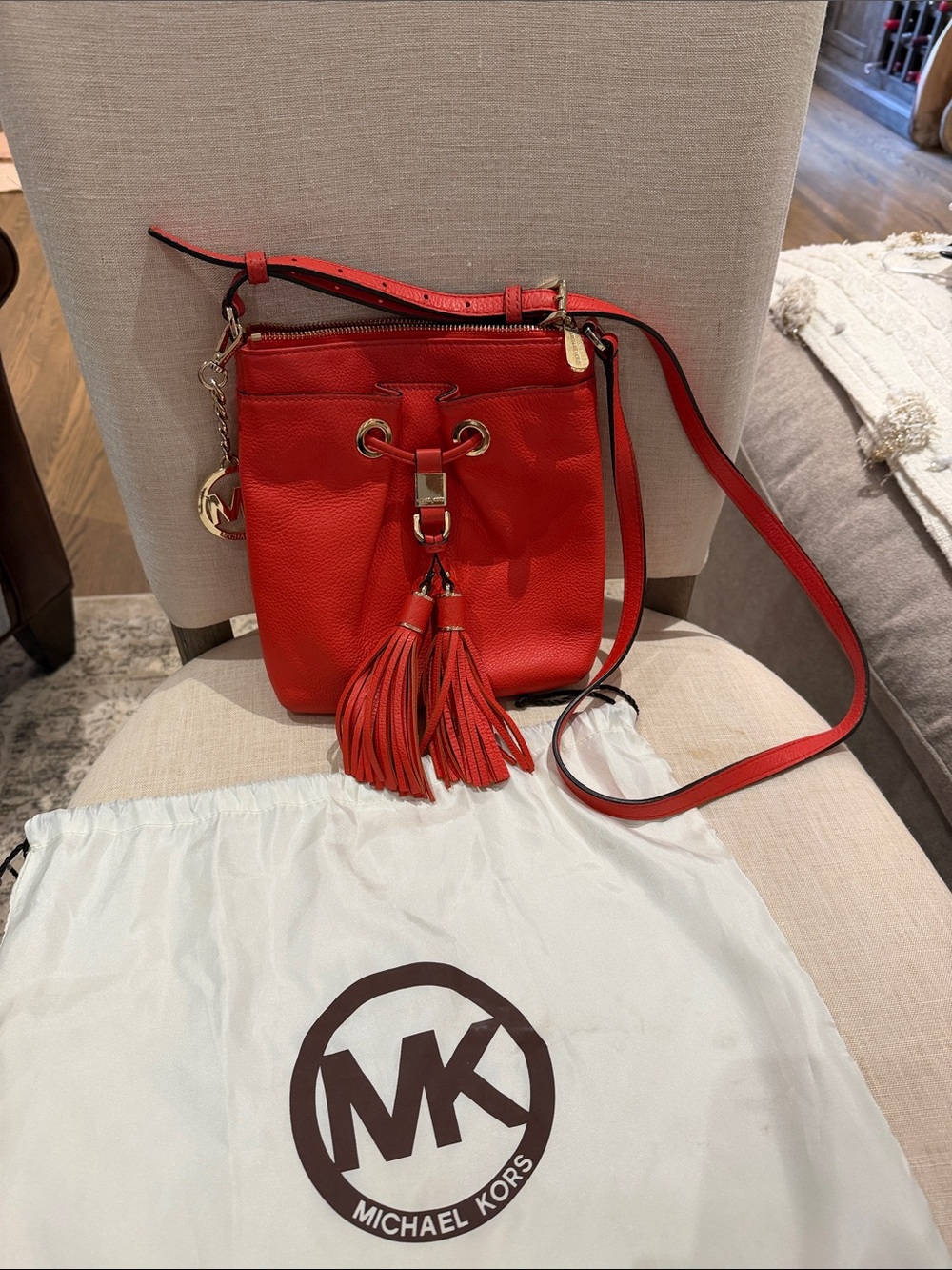 Michael Kors Leather Tassel Drawstring Crossbody